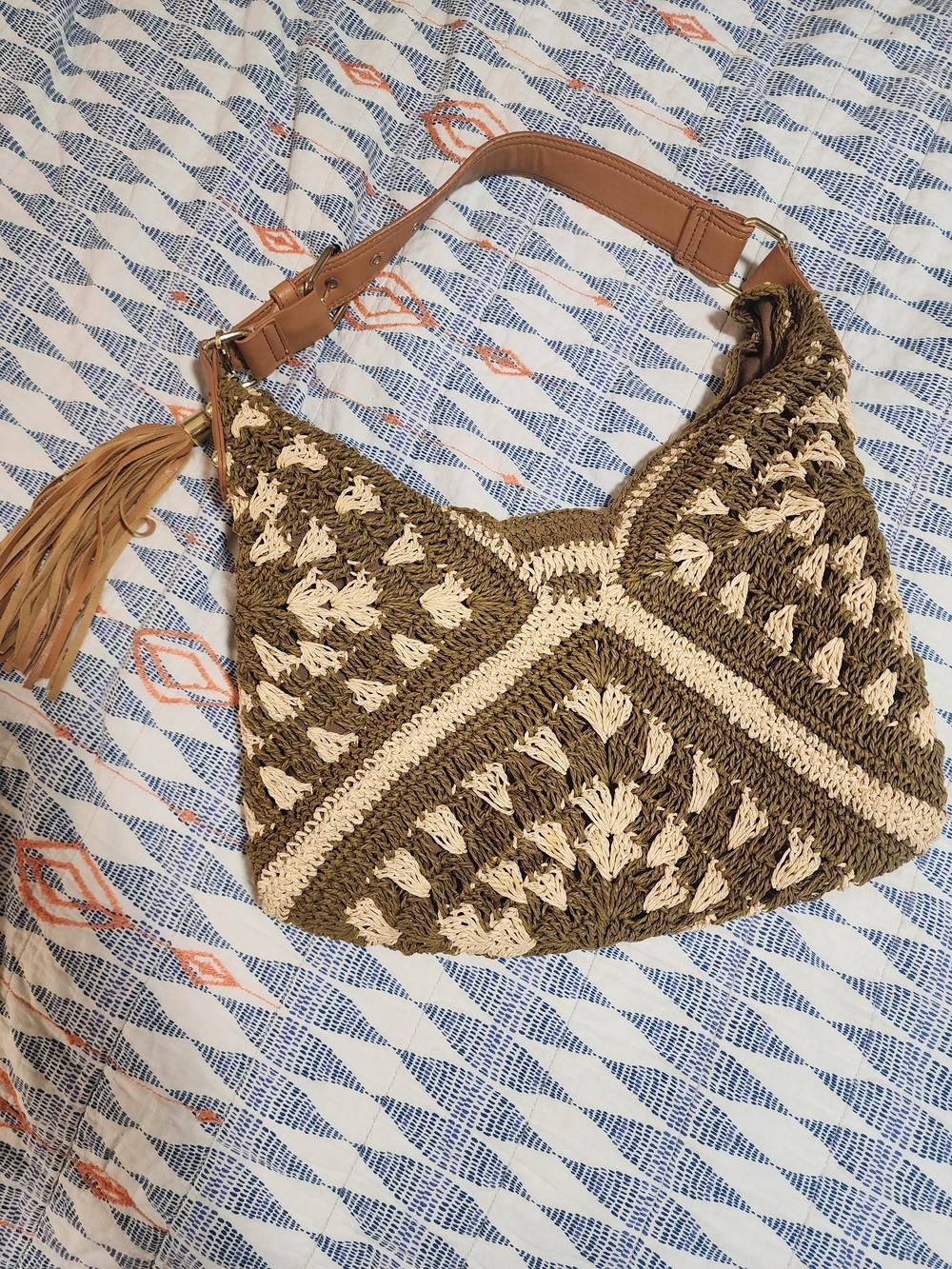 Franco Sarto Crochet Hobo Bag - Olive Green & Cream